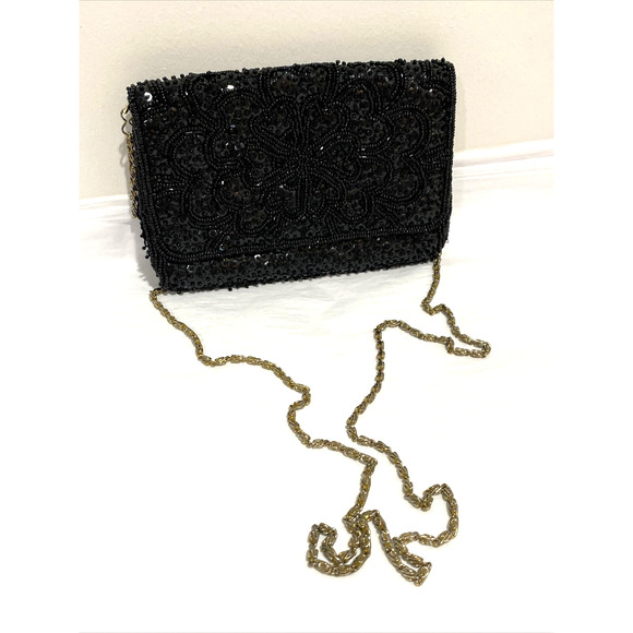Vintage La Regale black beads evening bag shoulder bag retro formal clutch purse - Picture 1 of 11